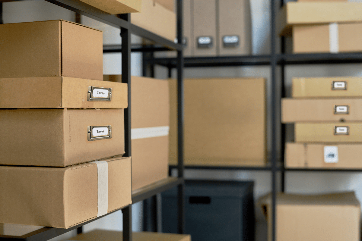 Image of boxes stacked in a storage unit